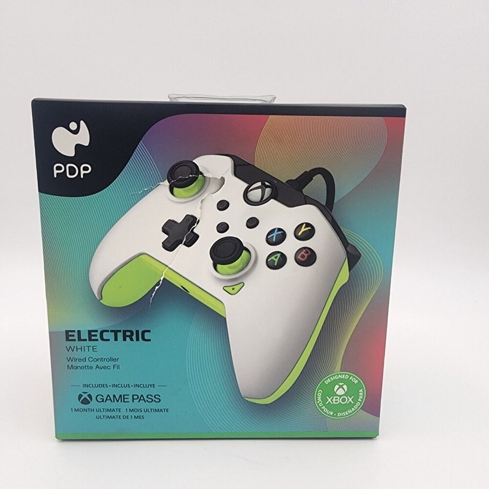 PDP Electric White Wired Compatible with Xbox Controller Distressed Box